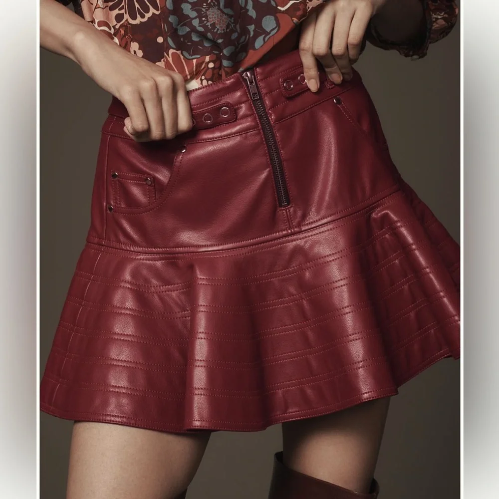 Anthropologie Fit & Flare Faux-Leather Mini Skirt by Pilcro Wine Sz 8 NEW - Picture 3 of 4